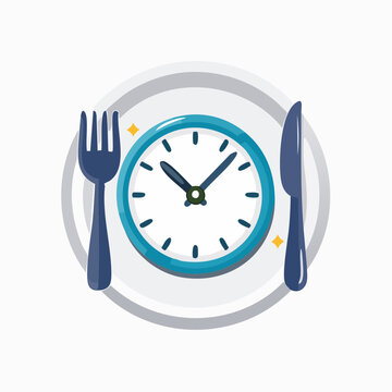 Clock on a plate with fork and knife symbolizing mealtime or intermittent fasting