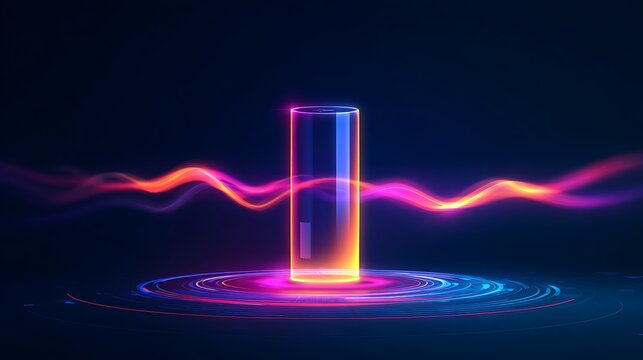 Abstract futuristic neon light cylinder with glowing waves.
