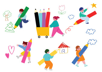 色鉛筆で絵を描く子供たちのイラスト