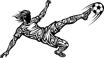 Fototapeta premium Stylized black and white illustration of a soccer player performing an overhead kick with tribal patterns.
