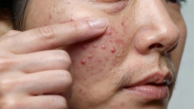 Person Touching Acne on Face with Red Pimples for Skincare and Dermatology