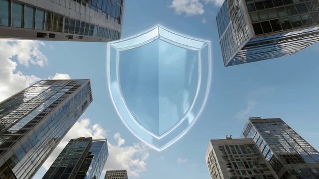 Cybersecurity Shield Icon Above Modern City Buildings for Digital Protection Concept
