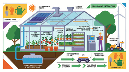 Fototapeta premium Greenhouse Cross Section Infographic with Solar Energy and Year Round Crops