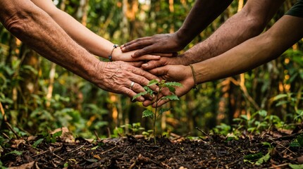 Fototapeta premium Diverse Hands United Together Protecting a Young Green Sprout Growing in Fertile Soil Within a Lush Tropical Forest Environment for Environmental Conservation