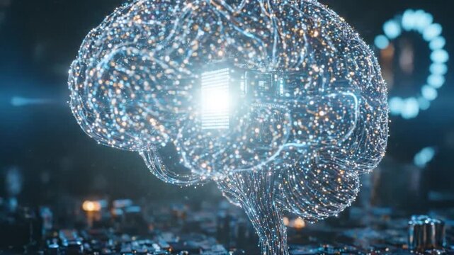Futuristic artificial intelligence brain visualization composed of glowing neural connections, representing machine learning, deep learning, cognitive computing, and advanced digital innovation.