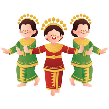 Tari Andun Illustration, Illustration of three female dancers in colorful traditional Indonesian costumes performing a coordinated cultural dance pose.