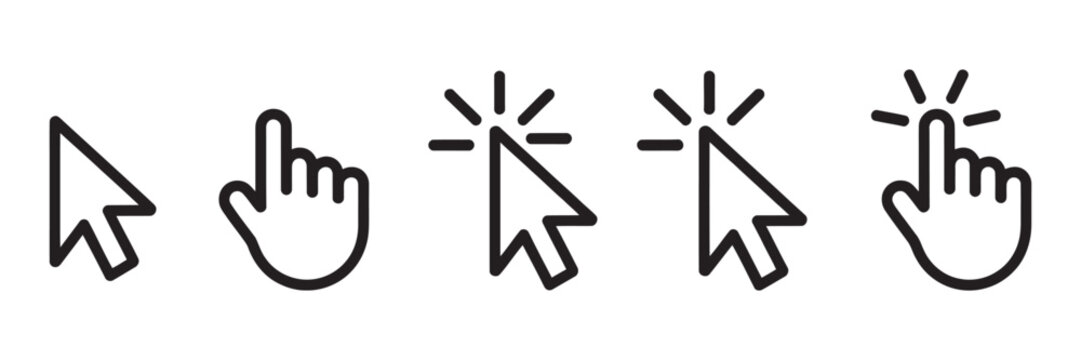 Mouse Cursor Click and Loading Icons Set, Black and White Pointer Symbols for UI Design, Vector Illustration