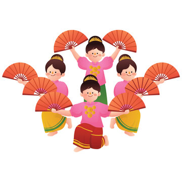 Tari Kipas Pakarena Illustration, Illustration of a dancer in ornate costume holding a fan for Tari Kipas Pakarena from South Sulawesi.