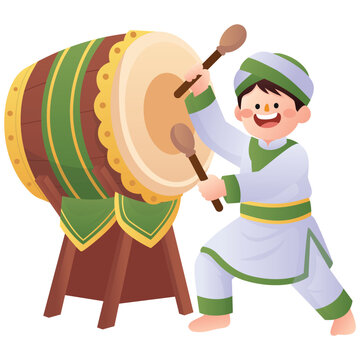 Tari Rampak Bedug Illustration, Illustration of a cheerful performer playing a large bedug drum in traditional Rampak Bedug costume.