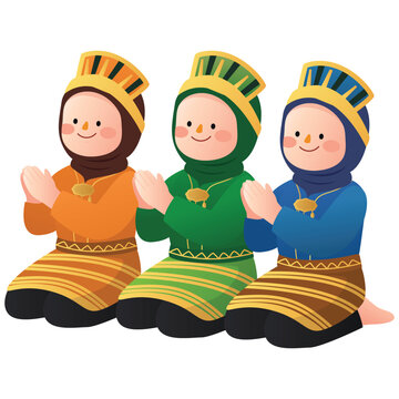 Tari Ratoh Jaroe Illustration, Illustration of three seated dancers in colorful traditional outfits performing Tari Ratoh Jaroe from Aceh.