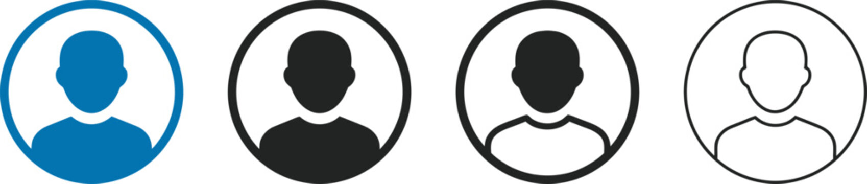 Set of four user profile inside circles featuring blue solid black silhouette thick outline and thin line styles for digital account ui