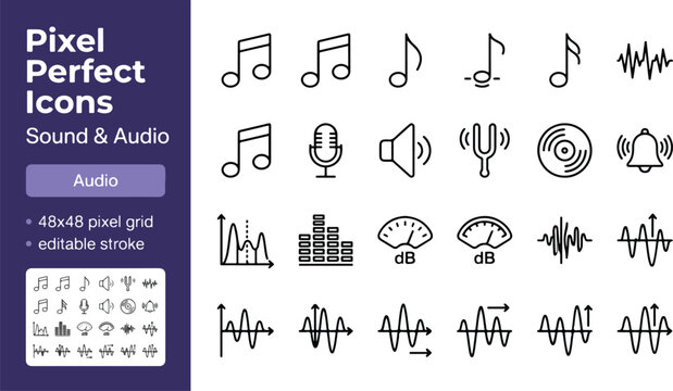 Sound and audio line icon set. Music note, microphone, speaker volume, tuning fork, vinyl record, bell alarm, equalizer, decibel meter, frequency waveform, radio waves. 48x48 Pixel Perfect. Editable S