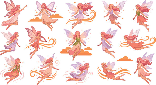 Beautiful Magical Fairy Vector Character Set Featuring Flying Pixies with Butterfly Wings and Pink Hair for Children Storybook Illustrations