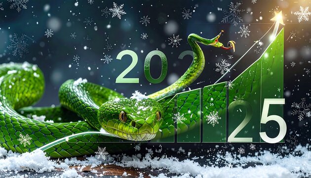 Green snake coils near snowy '2025' with a growing chart under falling snow on a soft blurred dark blue background