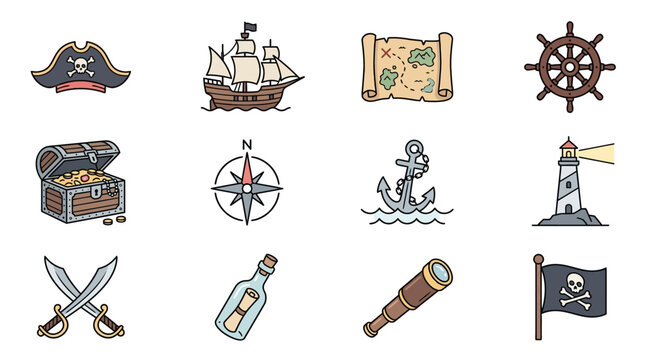 Pirate-themed illustrations featuring ships, maps, and treasures