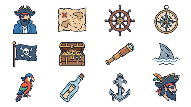 Pirate-themed illustrations with treasure and navigation tools