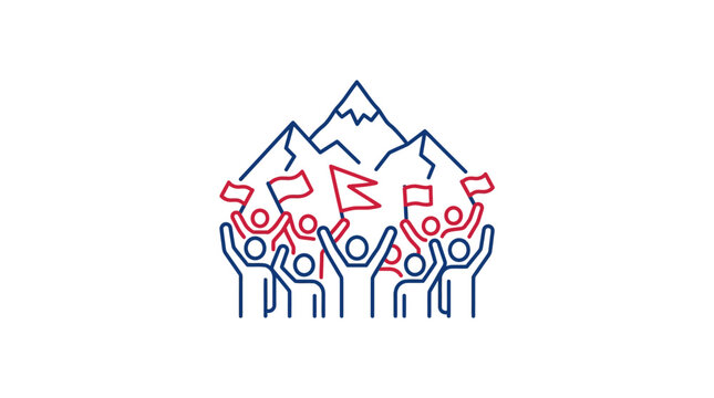 People celebrating with flags in front of mountains
