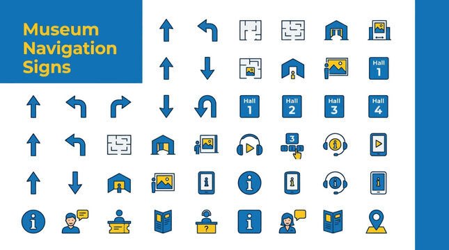 Collection of Museum Navigation and Information Signs, Including Directions, Exhibits, Amenities, and Assistance Icons