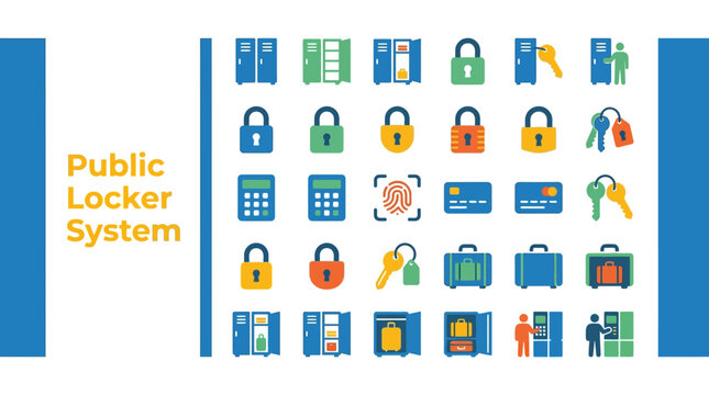 Public Locker System Icons for Secure Storage Solutions and Facility Management