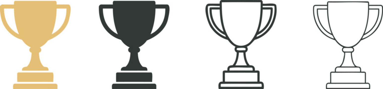 Set of four trophy cup featuring gold solid black silhouette thick outline and thin line styles for achievement awards and competition success