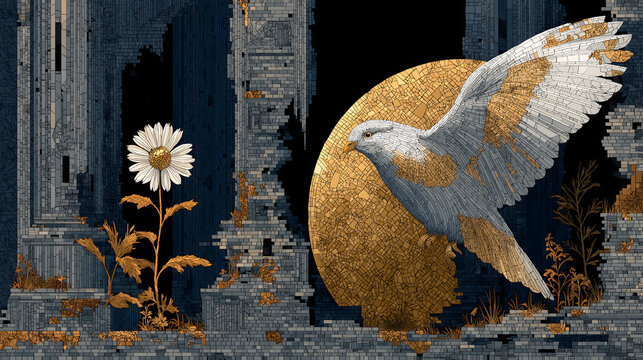 Anti-War Peace Public Welfare Poster, War Ruin Light Scene, Pure White Dove Taking Flight, Wildflower Break Ground Rebirth, Hope From Brokenness Material