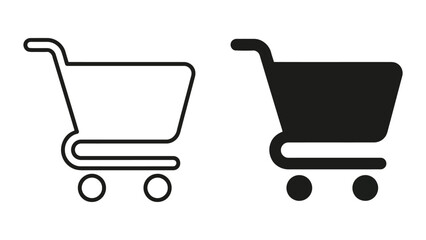 Shopping cart icon set featuring classic retail trolley design in outline and solid black styles for e-commerce websites and mobile application user interface elements © SAIJID