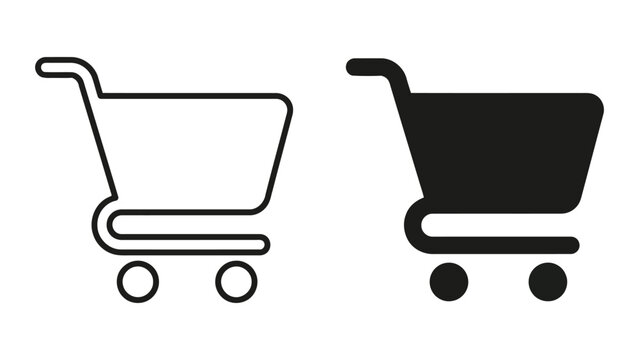 Shopping cart icon set featuring classic retail trolley design in outline and solid black styles for e-commerce websites and mobile application user interface elements