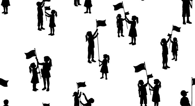Silhouette crowd holding flags in peaceful protest gathering.