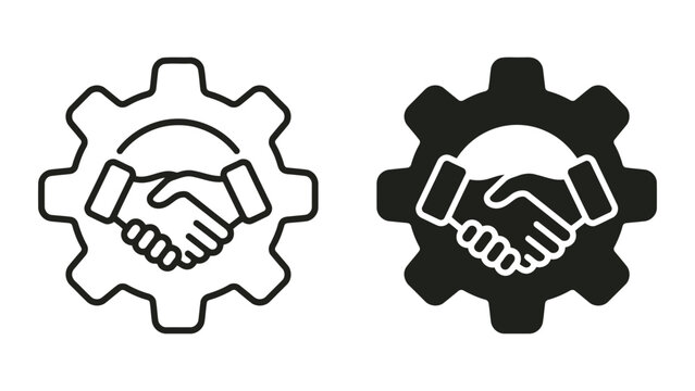 Business handshake inside gear symbol as vector icon set for corporate partnership development and mechanical industrial collaboration concepts