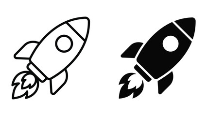 Space exploration rocket ship launch icon set featuring ascending spaceship in clean line art and solid black silhouette styles for innovation and startup business branding web interface assets © SAIJID
