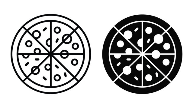 Pizza slice icon set featuring classic round pizza cut into portions representing food delivery and restaurant menu design in linear and solid black styles for culinary and catering applications