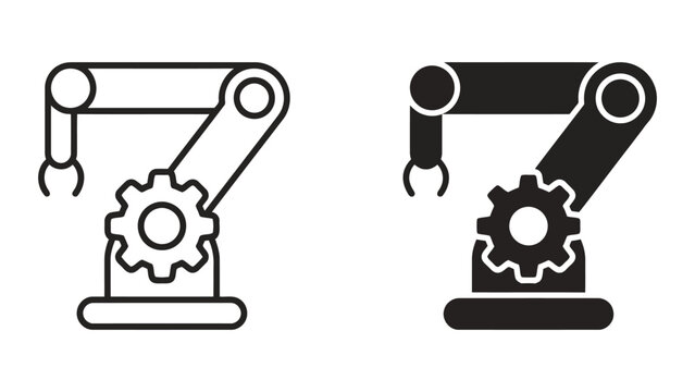 Industrial robotic arm icon set featuring mechanical manufacturing tools in outline and solid vector styles for automation factory production and high tech engineering concept design projects