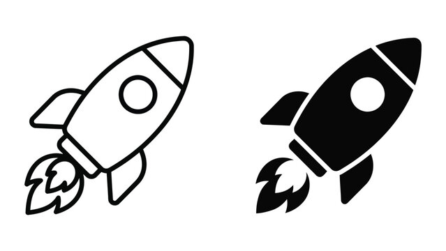 Space exploration rocket ship launch icon set featuring ascending spaceship in clean line art and solid black silhouette styles for innovation and startup business branding web interface assets