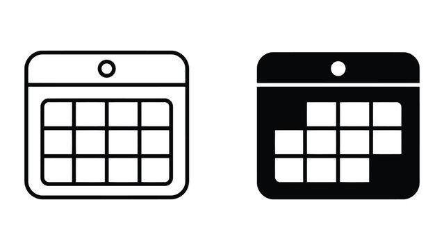 Calendar date planner icon set in outline and solid black filled style for scheduling and time management design elements