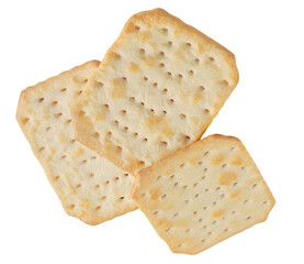 Fototapeta premium Crackers isolated on white. Falling Tasty dry crackers. Viewed from above.