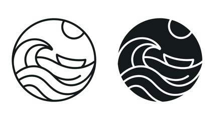 Ocean wave and boat icon representing maritime travel and coastal scenery in a circular badge design for tourism and adventure themes in outline and solid vector styles for creative branding © SAIJID