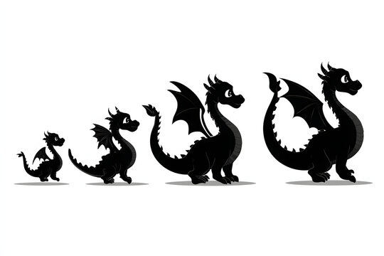 恐竜やドラゴンの成長過程のシルエットセット。赤ちゃんから大人までの幻獣の進化を表現した白黒イラスト