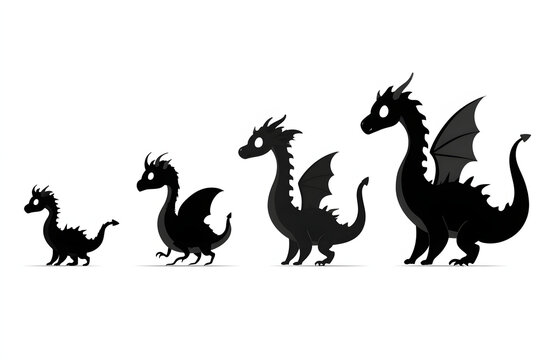 恐竜やドラゴンの成長過程のシルエットセット。赤ちゃんから大人までの幻獣の進化を表現した白黒イラスト