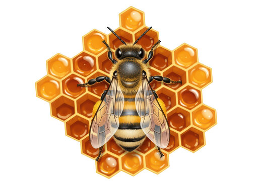 Detailed of a honey bee resting on a golden hexagonal honeycomb pattern with amber liquid cells isolated on a transparent background