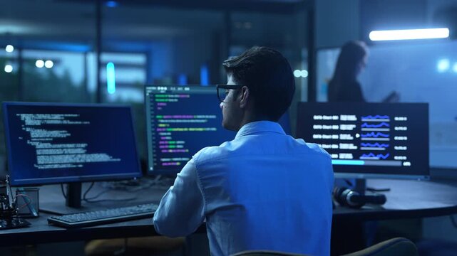 Professional male IT developer working on software development and coding, Programmer analyzing big data for SaaS platform and cybersecurity network, Modern computer technology and business concept