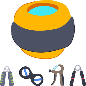Collection of hand grip strengtheners and a powerball, representing fitness equipment for forearm workouts, muscle building, and improving grip strength and rehabilitation