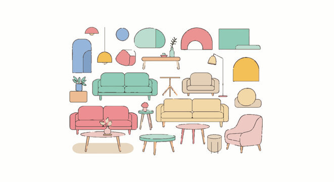 Colorful flat design furniture and home decor illustration set.