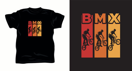 Fototapeta premium Retro bmx bike stunt t-shirt design with silhouette of rider jumping on vintage background.