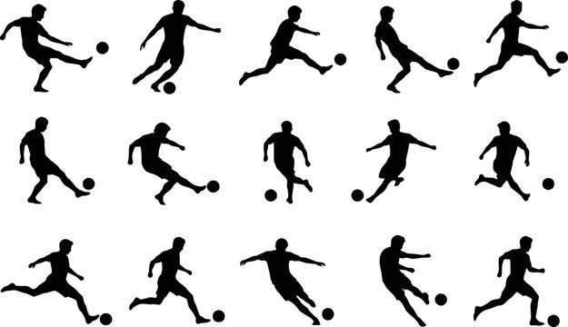 Soccer football player shooting ball kick silhouettes vector set isolated