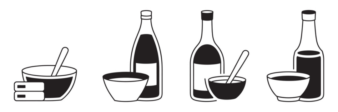 Condiment Bottle and Sauce Bowl Icon Collection, Food Seasoning and Dipping Sauce Symbols, Vector Illustration