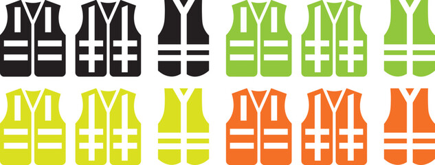 Work safety vest and high visibility jacket vector icon set. classic work safety vest hi vis viz clothing orange green yellow flouro symbol icon vector set. Construction reflective safety vest icon se © MDParveg