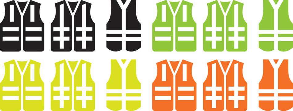 Work safety vest and high visibility jacket vector icon set. classic work safety vest hi vis viz clothing orange green yellow flouro symbol icon vector set. Construction reflective safety vest icon se
