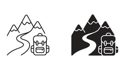 Mountain hiking adventure icon set with backpack and travel trail in outline and solid styles for outdoor tourism and trekking apps isolated on white background © saijid stock
