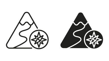 Mountain range with compass navigation vector icon set featuring adventure and exploration themes in line art and solid black styles for outdoor travel branding isolated on white © saijid stock