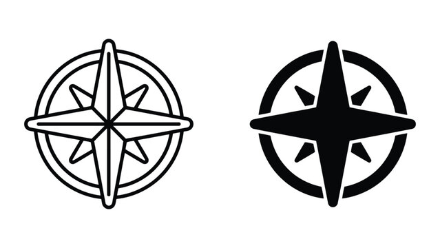 Navigation compass star icon in linear and solid black vector format
